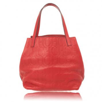 Pre Owned Carolina Herrera Red Monogram Embossed Extra Small Matryoshka Tote