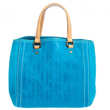 Pre Owned Carolina Herrera Blue Monogram Embossed Leather Tote