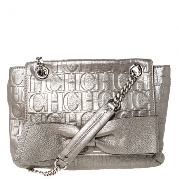 Pre Owned Carolina Herrera Grey Monogram Embossed Leather Audrey Shoulder Bag