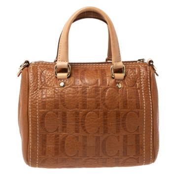 Pre Owned Carolina Herrera Signature Tan Leather Mini Andy Boston Bag