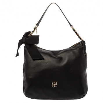 Pre Owned Carolina Herrera Black Leather Bow Zip Hobo