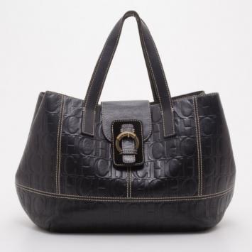 Pre Owned Carolina Herrera Black Monogram Embossed Tote 