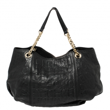 Pre Owned Carolina Herrera Black Monogram Embossed Leather Dahlia Hobo