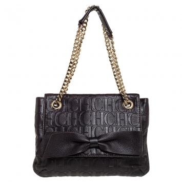 Pre Owned Carolina Herrera Dark Brown Monogram Leather Audrey Shoulder Bag