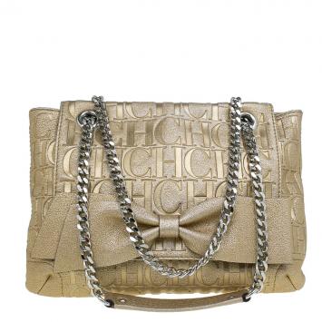 Pre Owned Carolina Herrera Gold Monogram Leather Audrey Shoulder Bag