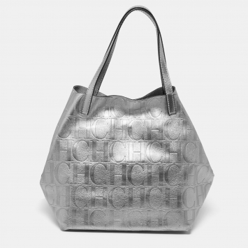 Pre Owned Carolina Herrera Metallic Silver Monogram Leather Matryoshka Tote