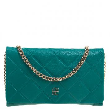 مملوكة مسبقًا Carolina Herrera Green Quilted Embossed Leather Chain Clutch
