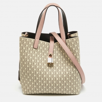 Pre Owned Carolina Herrera Pink/Beige Monogram Coated Canvas and Leather Matryoshka Padlock Tote