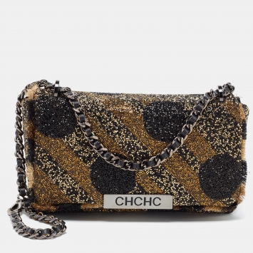 Pre Owned Carolina Herrera Gold/Black Rhinestone CH Metal Flap Bag