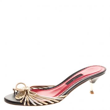Pre Owned Carolina Herrera Metallic Gold and Silver Cord Leather Bow Slides Size 39