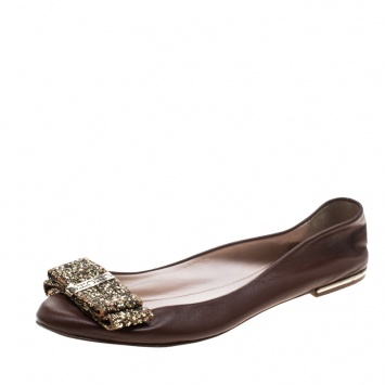 Pre Owned Carolina Herrera Brown Leather Bow Ballet Flats Size 37