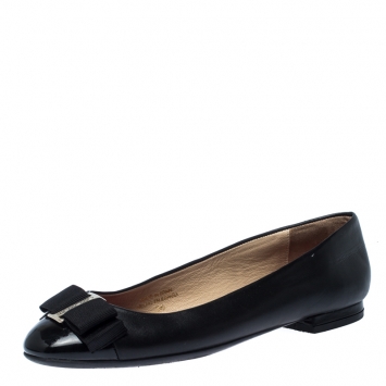 Pre Owned Carolina Hererra Black Leather Bow Ballet Flats Size 36