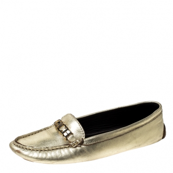 Pre Owned Carolina Herrera Metallic Gold Leather Slip On Loafers Size 37