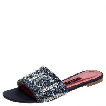Pre Owned Carolina Herrera Tri Color Logo Satin Mar de Cristal Flat Slides Size 39