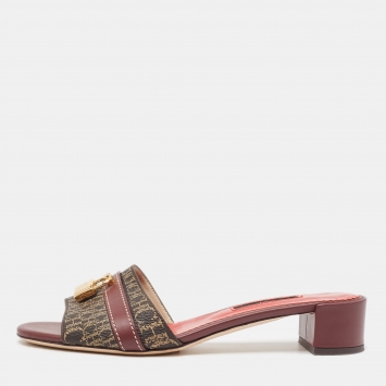Pre Owned Carolina Herrera Burgundy/Brown Signature Coated Canvas and Leather Matryoshka Sandals Size 38