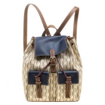Pre Owned Carolina Herrera Beige/Multicolor Monogram Coated Canvas Drawstring Backpack