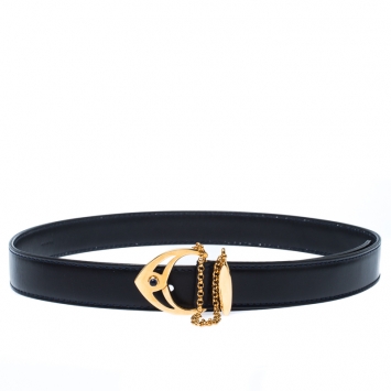 Pre Owned Cartier Black Leather Sapphire Buckle Belt 85CM