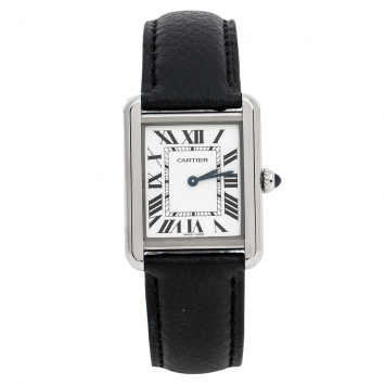 Pre Owned Cartier Silver Stainless Steel Leather Tank Solo 3170 Women's Wristwatch 24 mm