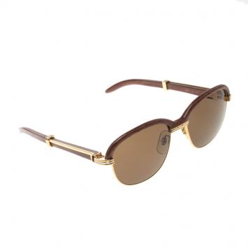 Pre Owned Cartier Malmaison Palisander Rosewood Gold Vintage Sunglasses 