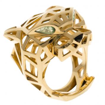 Pre Owned Cartier Panthère de Cartier Tsavorite Garnets Onyx 18k Yellow Gold Ring Size 57