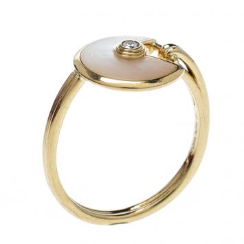 Pre Owned Cartier Amulette De Cartier Mother of Pearl Diamond 18k Yellow Gold Ring Size 53