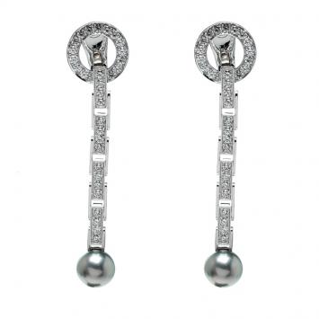 Pre Owned Cartier Agrafe Diamond Grey Pearl 18k White Gold Long Drop Earrings 