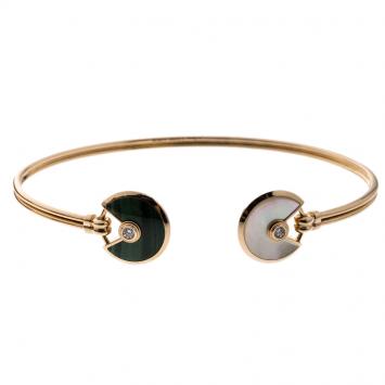 Pre Owned Cartier Amulette De Cartier Malachite White Mother Of Pearl & Diamond 18k Rose Gold Open Bracelet 16cm