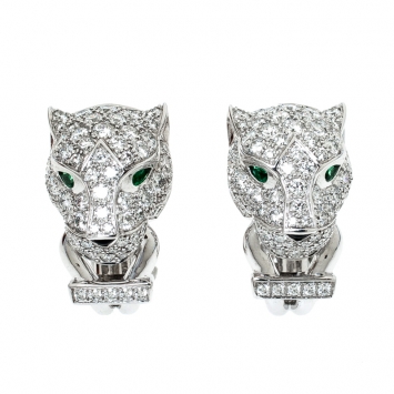 Pre Owned Cartier Panthere De Cartier Diamond Emerald & Onyx 18k White Gold Earrings 