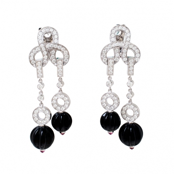 Pre Owned Cartier Agrafe Diamond Onyx 18k White Gold Long Earrings