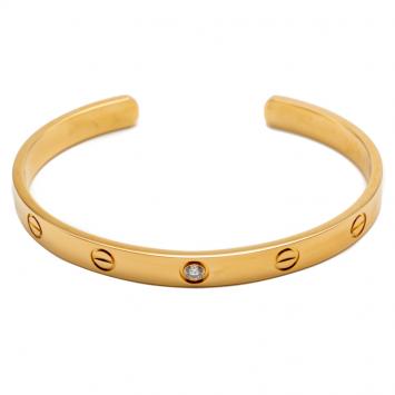 Pre Owned Cartier Love Yellow Gold 1 Diamond Open Cuff Bracelet Size 18