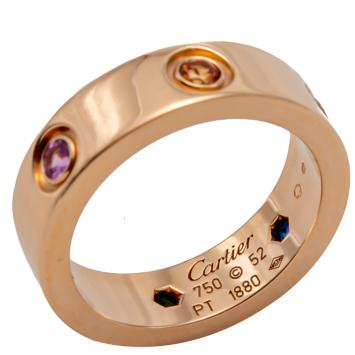 Pre Owned Cartier Love Multi Color Stone Rose Gold Ring Size 52