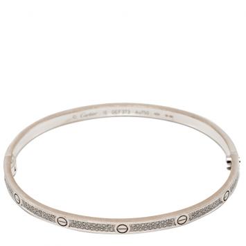 Pre Owned Cartier Love White Gold Pave Diamond Small Model Bracelet Size 18