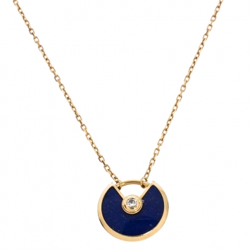 Pre Owned Cartier Amulette De Cartier Diamond Lapis Lazuli 18K Yellow Gold Necklace XS