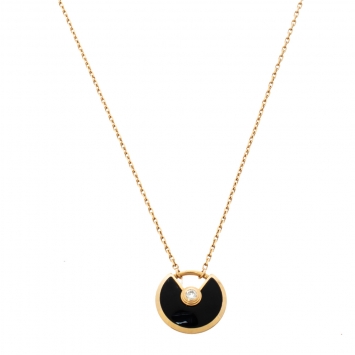Pre Owned Cartier Amulette de Cartier Diamond Onyx 18K Rose Gold Necklace XS
