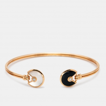 Pre Owned Cartier Amulette De Cartier Onyx Mother of Pearl Diamonds 18k Rose Gold Open Cuff Bracelet 16