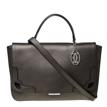 Pre Owned Cartier Grey Metallic Leather and Suede Flap Top Handle Bag 