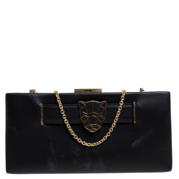 Pre Owned Cartier Black Leather Panthere De Cartier Chain Clutch