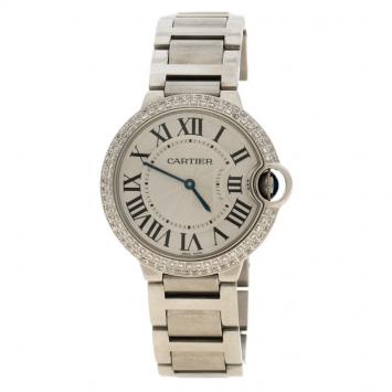 Pre Owned Cartier Grey Stainless Steel & Diamonds Ballon Bleu De Cartier Women's  Wristwatch 36 mm