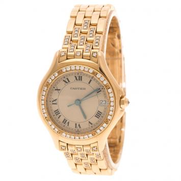 Pre Owned Cartier Cream 18K Yellow Gold and Diamonds Cougar Women's Wristwatch 26MM