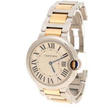 Pre Owned Cartier Silver White 18K Yellow Gold and Stainless Steel Ballon Bleu de Cartier Women's Wristwatch 36 mm