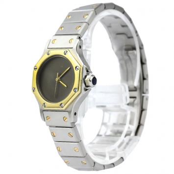 مملوكة مسبقًا Cartier Grey 18K Yellow Gold & Stainless Steel Santos Octagon Women's Wristwatch 24MM