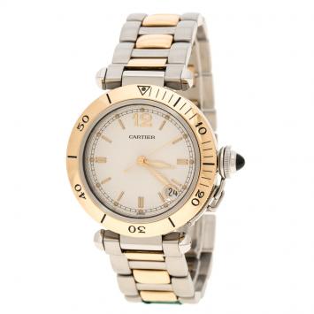 Pre Owned Cartier White 18K Yellow Gold and Stainless Steel Pasha De Cartier 1034 Women's Wristwatch 35 mm