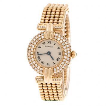 Pre Owned Cartier Cream Yellow Gold and Diamond Colisee 1628 Women's Wristwatch 24 mm