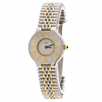 Pre Owned Cartier Cream 18K Yellow Gold and Stainless Steel Must De Cartier 21 125000P Women's Wristwatch 28 mm