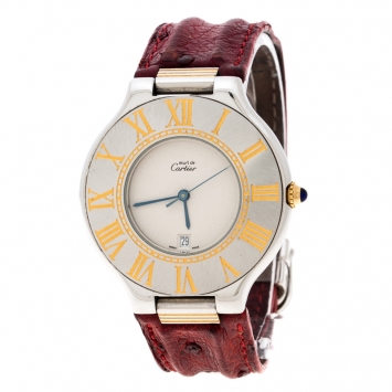 Pre Owned Cartier Cream Yellow Gold Plated and Stainless Steel Must de Cartier 21 Women's Wristwatch 34 mm