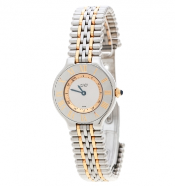 Pre Owned Cartier Silver Grey 18K Yellow Gold Plated and Stainless Steel Must de Cartier 21 1340 Women's Wristwatch 28 mm