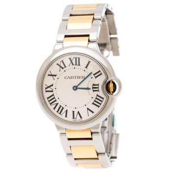 Pre Owned Cartier Silver Stainless Steel 18K Yellow Gold Ballon Bleu 3005 Women's Wristwatch 36 mm