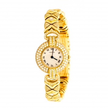 Pre Owned Cartier Cream 18K Yellow Gold Diamonds Rivoli Colisée 881092 Women's Wristwatch 24 mm