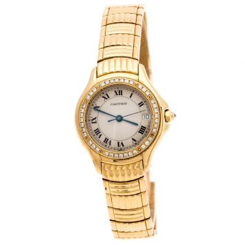 Pre Owned Cartier Cream 18K Yellow Gold Diamonds Panthere Cougar 1171 Women's Wriswatch 26 MM