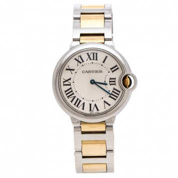 Pre Owned Cartier Silver White Stainless Steel 18K Yellow Gold Ballon Bleu de Cartier 3005 Women's Wristwatch 36 mm